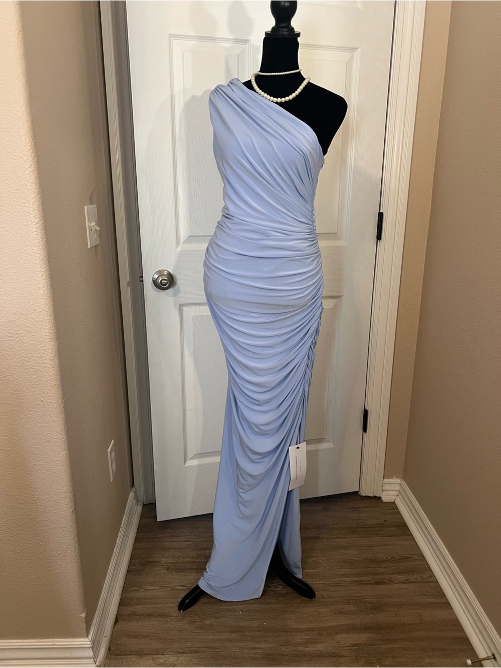 Elegant one-shoulder ruched blue bridesmaid wedding guest dress